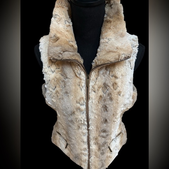 GO COCO FAUX FUR BROWN & CREAM PLUSH TEXTURED COZY SLEEVELESS FULL ZIP VEST SZ L - Picture 10 of 10
